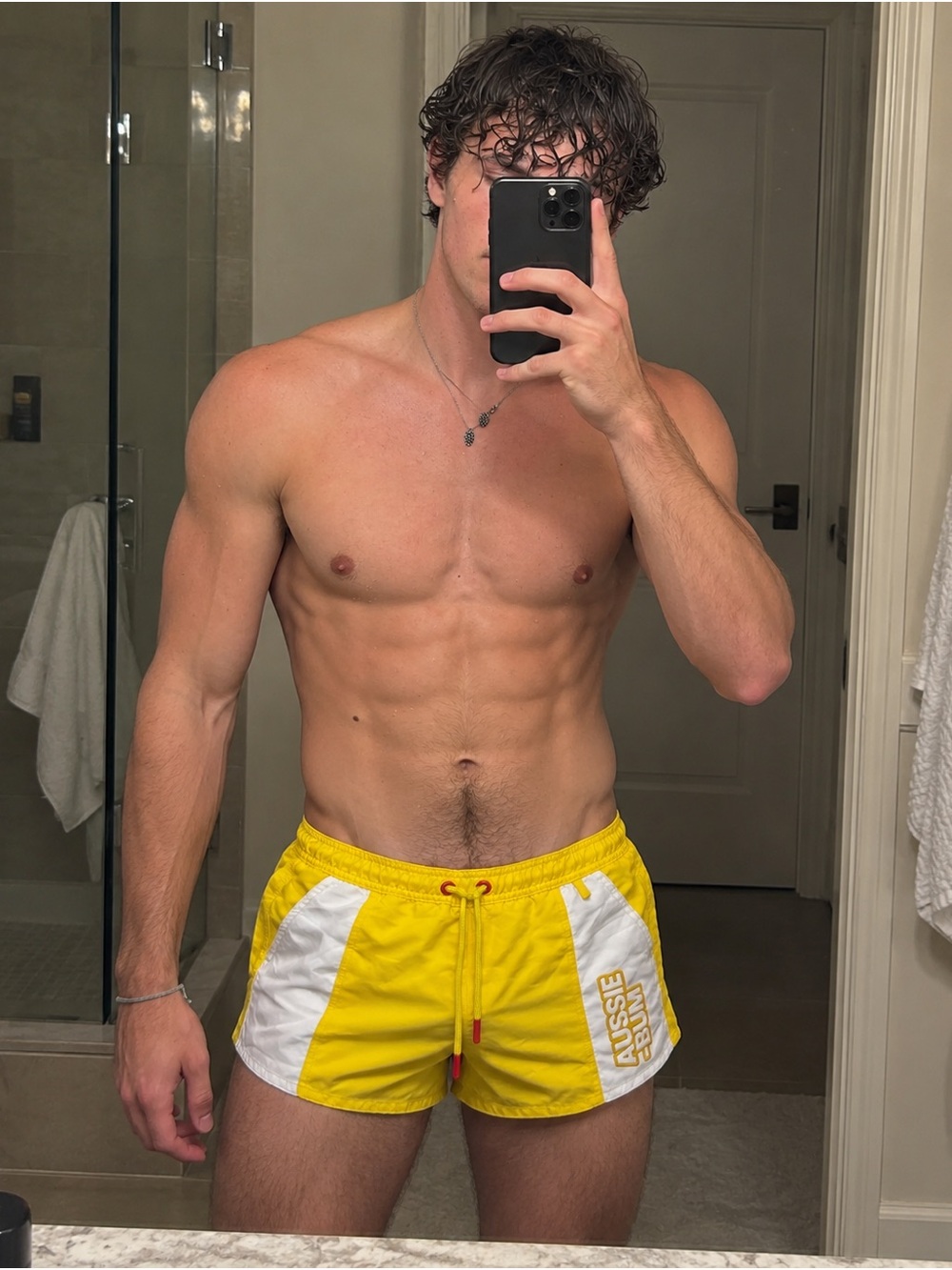 Yellow Contrast Panel Men's Swim Ultra short inseam Board Shorts with Drawcord